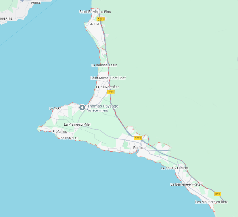 Carte de la zone d'intervention de Thomas Paysage couvrant l'ensemble de la Côte de Jade, de Saint-Brevin-les-Pins à Pornic.
